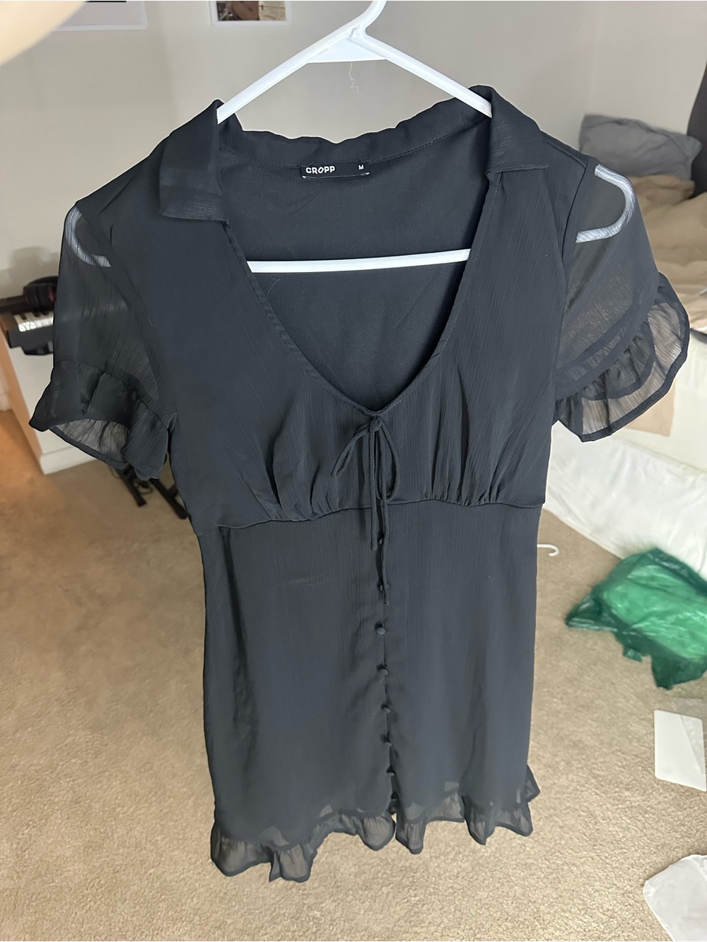 Black Sheer Ruffle Mini Dress with Button Front - Picture 2 of 3